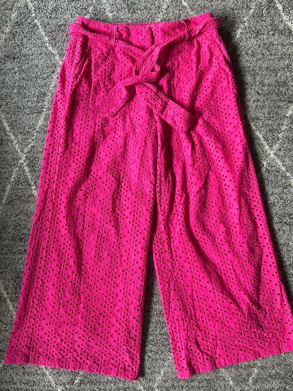 Studio F Hot Pink High-Rise Eyelet Lace Wide-Leg Pants waist tie Coquette